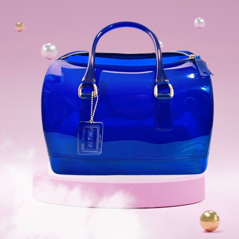 Furla Blue and Gold Satchel with Glossy Finish